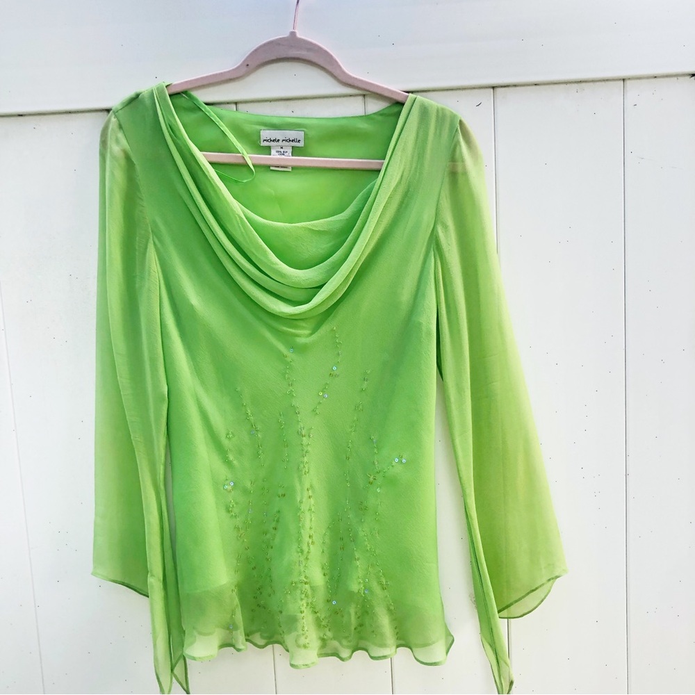 Vintage Lime Green SILK Michele Michelle flowy top split flared bell sleeves